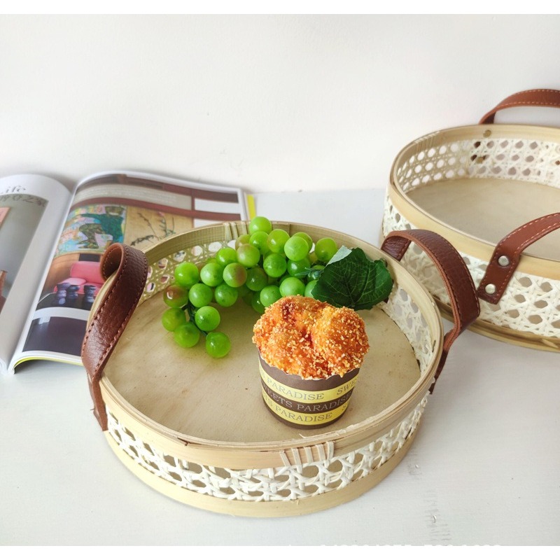 Rattan Tray Handle - Handmade retro Nordic rattan tray leather