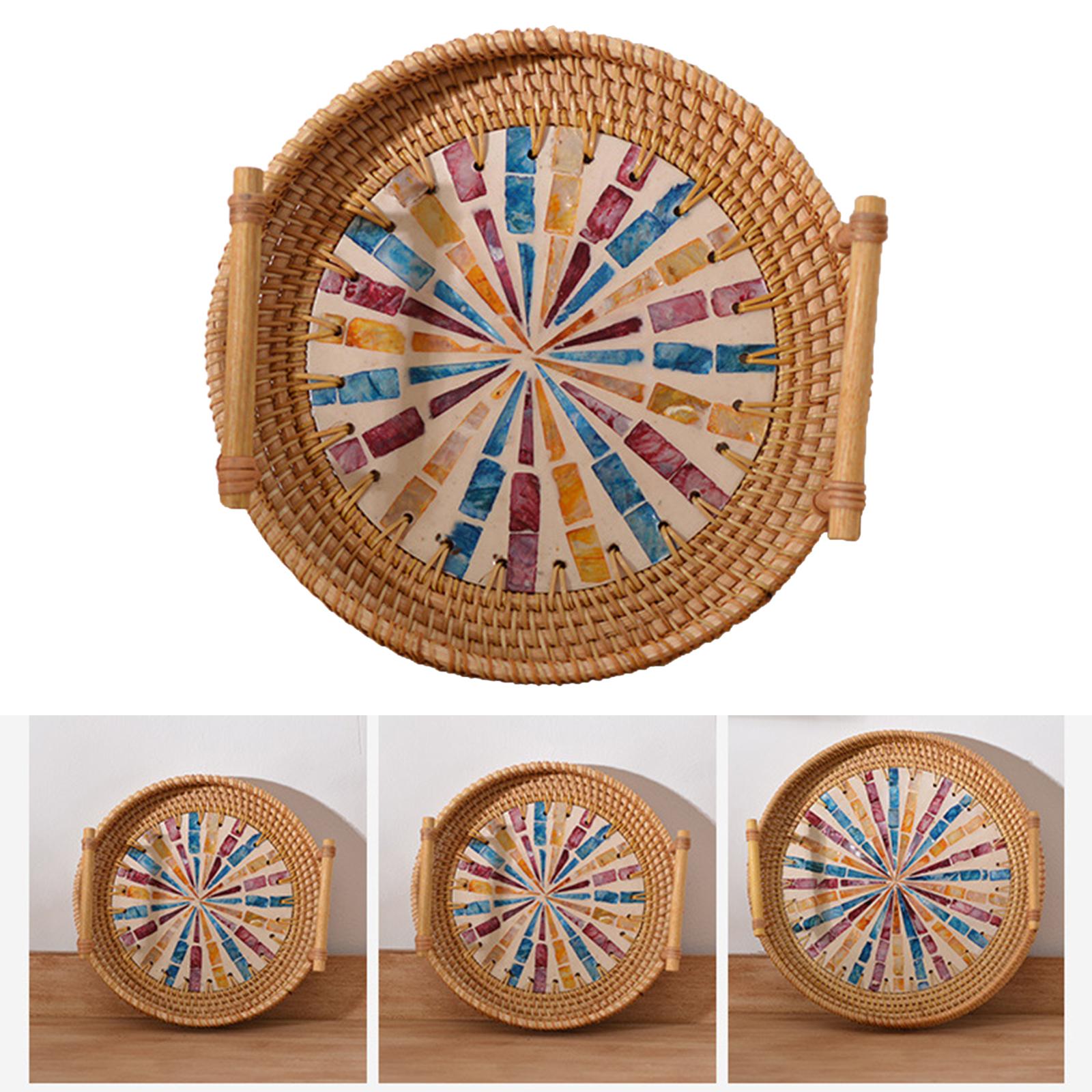 Multifunctional Round Woven Tr - Rattan Tray Handle ulasan dan harga