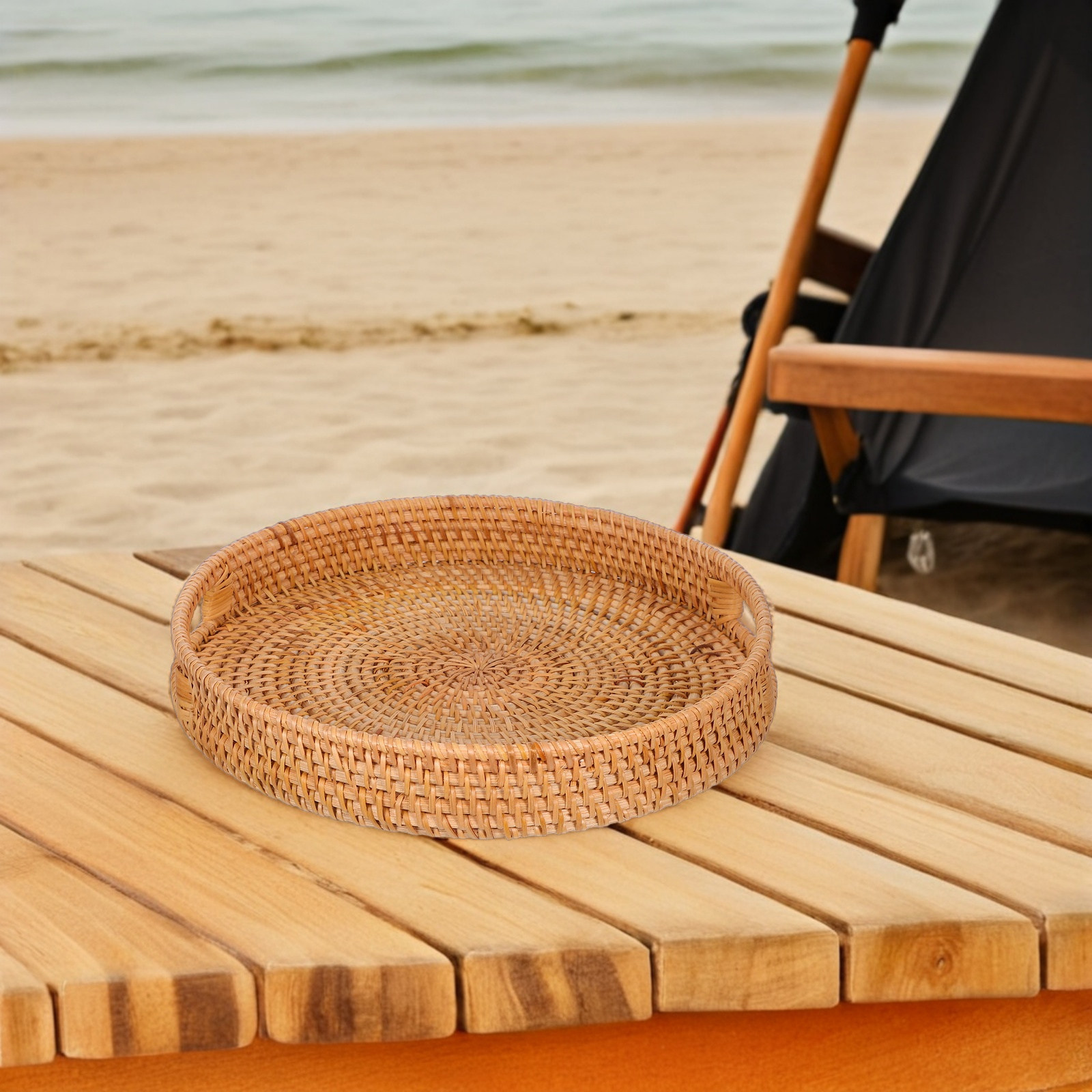14-Inch Round Rattan Large Ser - Rattan Tray Handle ulasan dan harga