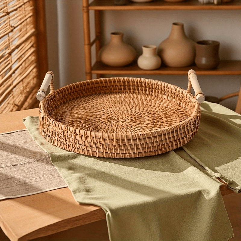 Handmade Rattan Round Tray wit - Rattan Tray Handle ulasan dan harga