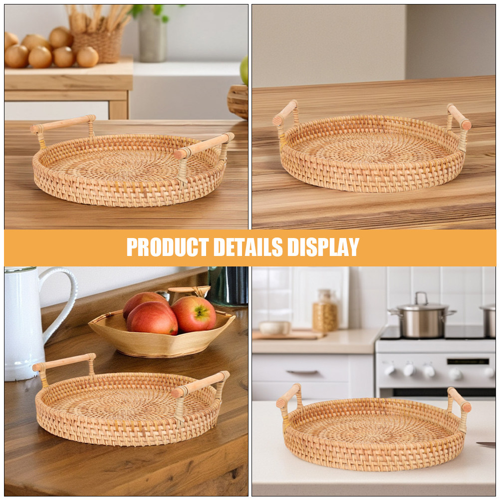32Cm Round Handmade Rattan Tra - Rattan Tray Handle ulasan dan harga