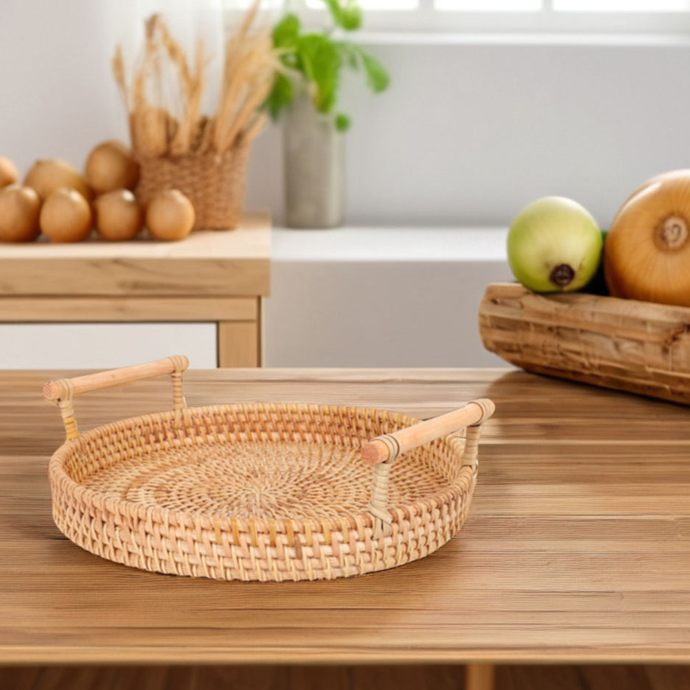 32Cm Round Handmade Rattan Tra - Rattan Tray Handle ulasan dan harga