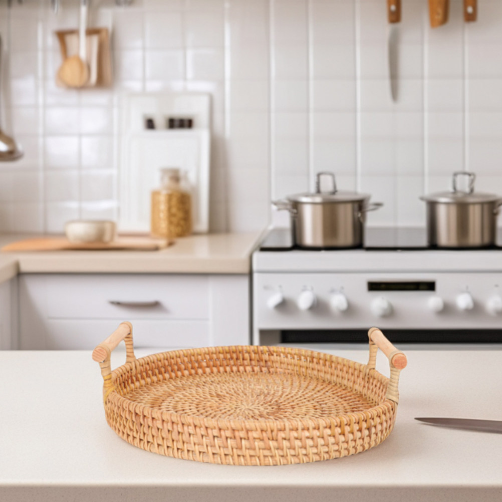32Cm Round Handmade Rattan Tra - Rattan Tray Handle ulasan dan harga