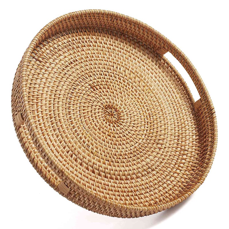 Round Rattan Serving Tray Deco - Rattan Tray Handle ulasan dan harga