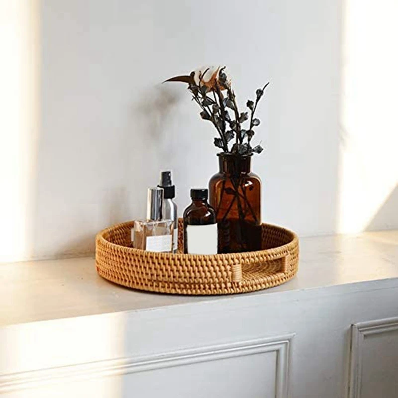 Round Rattan Serving Tray Deco - Rattan Tray Handle ulasan dan harga