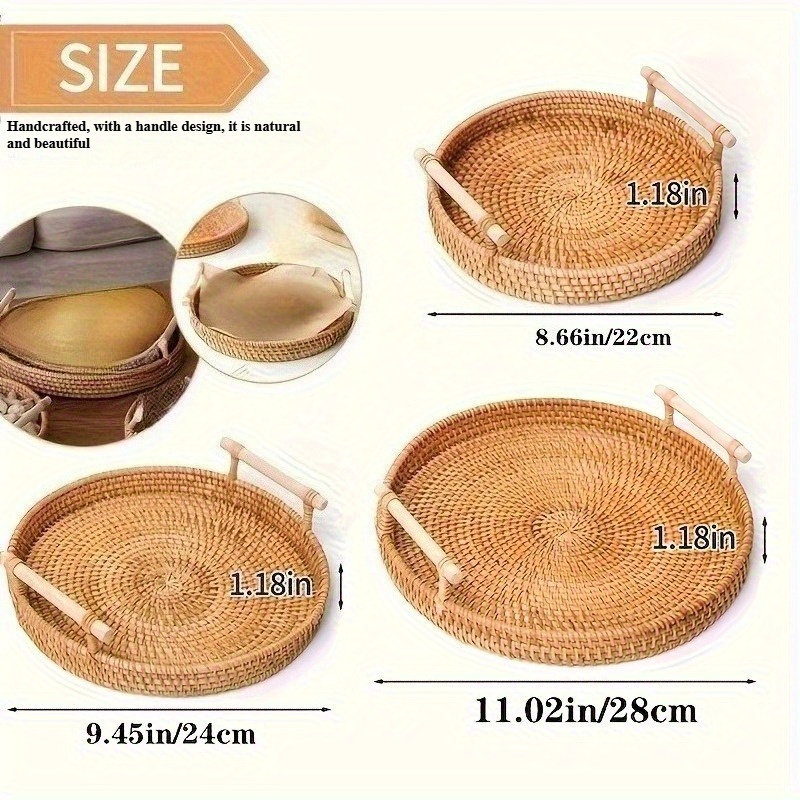 Handmade Rattan Round Tray wit - Rattan Tray Handle ulasan dan harga